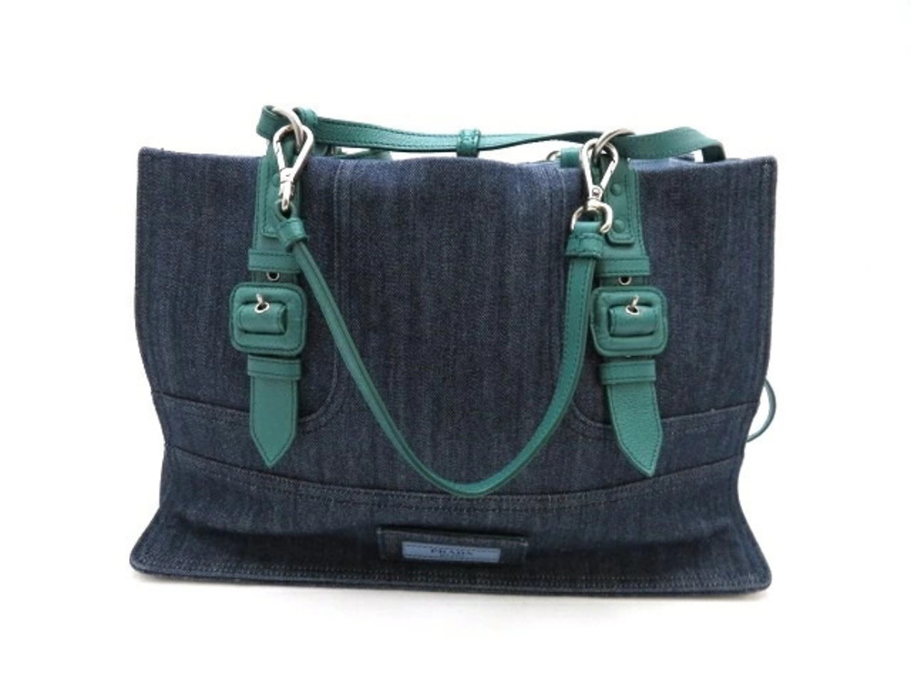 Prada Tote Bag Etiquette Denim Blue Green